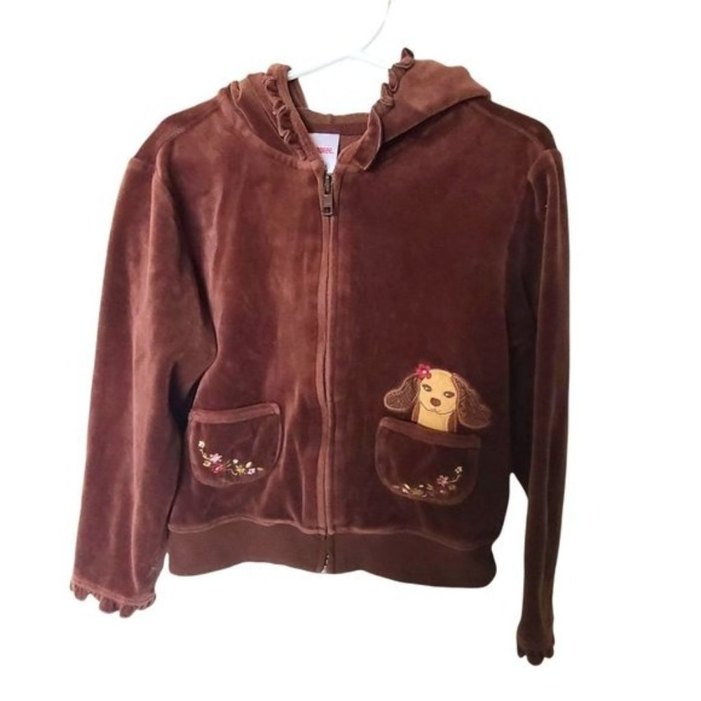 Gymboree Velour Brown Hoodie size 6 Embroidery Dog Flowers Pockets